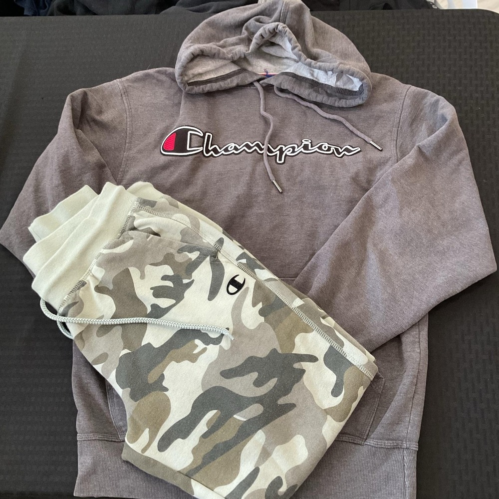 Champion Hoodie Sweatpants Mens Small Gray Camo Fleece Logo 2 Piece Set